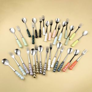 Ensemble de couverts en acier inoxydable avec poignées en céramique de luxe, cuillère et fourchette à dessert, vente en gros - Product Image 1