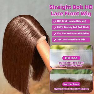 Parrucca Bob Corta Marrone All'Ingrosso, 13x4, con Pizzo Trasparente Frontale, in <span class=keywords><strong>Capelli</strong></span> Umani, Densità 200, per Donne, con Bob Liscio Effetto Osseo - Product Image 3