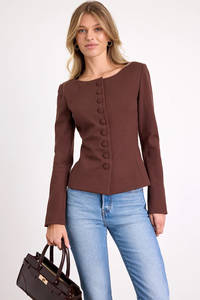 Women's Brown Square Collar <b>Blazer</b> Full Sleeve Button Front Anti-Wrinkle Solid Color Autumn Wear - Product Image 2
