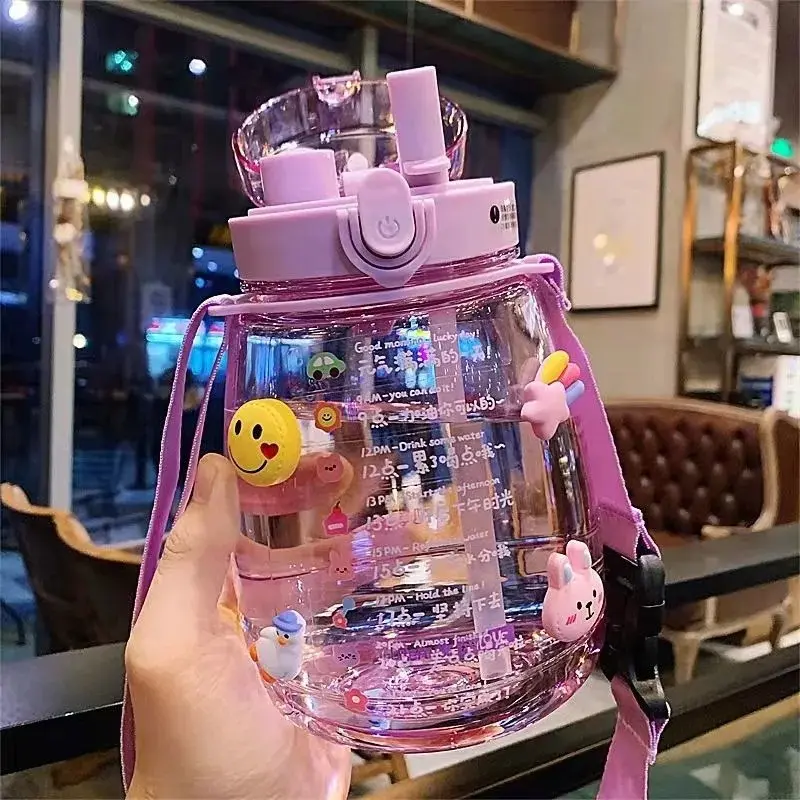 Bouteille d'eau en plastique de 1300ML ins Style pour étudiants avec paille mignonne impression enfant double boisson bouteille d'eau