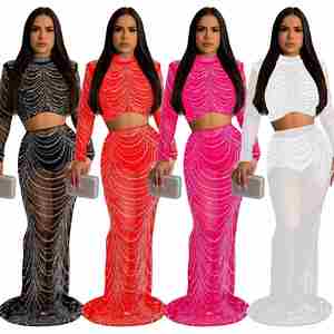 Ensemble deux pièces de luxe pour femme, de marque célèbre, avec broderie de créateur, en gaze à strass, à manches longues, pour soirée et club - Product Image 1