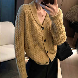 Nuevo Cárdigan de Punto con Solapa para <span class=keywords><strong>Mujer</strong></span>, Cierre de un Solo Botón, Diseño Trenzado de Alta Gama, Informal y Versátil - Product Image 6