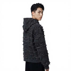Men's Oversized Hooded Denim <b>Jacket</b> Front Logo <b>Fringe</b> Washed Streetwear Regular Sleeve Solid Color Winter Fit - Product Image 1