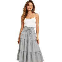 Jupe mi-longue évasée à taille haute élastique avec cordon de serrage, style européen et américain, élégante et fluide, à manches courtes.