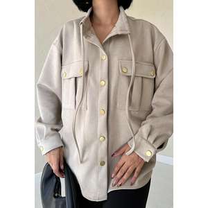 Camisa de Sarga Beige para Mujer, Estilo Utilitario, con Botones, para Uso Diario - Product Image 1