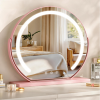 Miroir de maquillage de bureau intelligent à LED rond avec éclairage et fonctions personnalisées, construction en métal et verre
