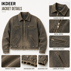 Giacca in tela vintage IKDEER effetto invecchiato, lavata, con cerniera intera personalizzata e orlo grezzo, abbigliamento casual utility - Product Image 4