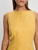 Robe d'été élégante pour femme en lin tissé jaune à col mandarin, taille naturelle, sans manches, avec lien au dos, mini-robe