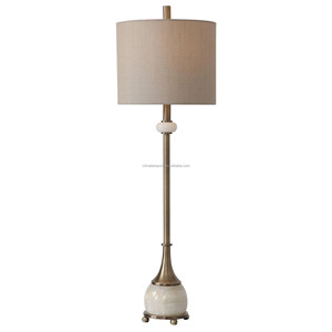 Antique Brass & Alabaster Modern Tall Table <b>Lamp</b> with Linen Shade | Glam Contemporary Lighting for Hotel Feature Space & Lounge - Product Image 1