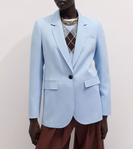 Women's Light Blue <b>Wool</b> Polyester Blazer With Argyle Sweater Brown Wide Leg <b>Pants</b> Full Sleeve Notched Collar Single Button - Product Image 3