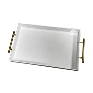 Plateau acrylique 450 blanc luxe acrylique plateau de service poignées challah rectangle personnalisé rond carré plateau acrylique avec poignées dorées