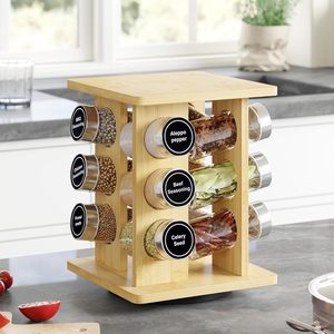 Bamboo Wood <b>Rotating</b> <b>Spice</b> <b>Rack</b> Double Layer Airtight Storage With Labels And Funnel For Kitchen Use - Product Image 2