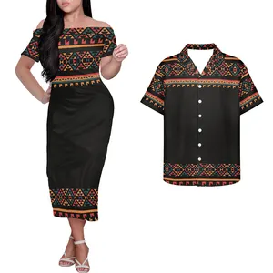 Conjunto de roupas para casais 2022, camisa masculina e feminina estilo tribais aztec, ombro fora, camisa midi elegante para homens e mulheres