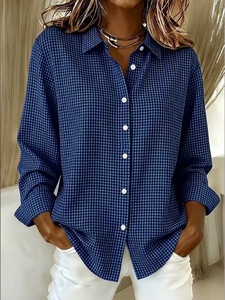 Camisa a cuadros blanca y negra para mujer, con botones, manga larga, cuello vuelto, corte ajustado, blusa tejida para uso diario - Product Image 2