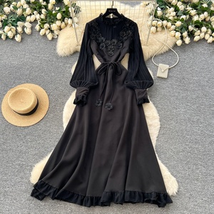 Abiti Lunghi da Sera Primaverili per Donna, Vestito Maxi con Colletto Arricciato e Perline, Plissettato - Product Image 4