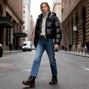 Blouson court en cuir <span class=keywords><strong>noir</strong></span> pour <span class=keywords><strong>femme</strong></span> avec capuche et cordon de serrage - Manteau chaud d'hiver - Product Image 1