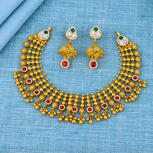 Traditional Gold <b>Necklace</b> Set with Red and Green Stones and <b>Matching</b> Earrings for Women ethnic <b>necklace</b> with earrings gold - Product Image 1