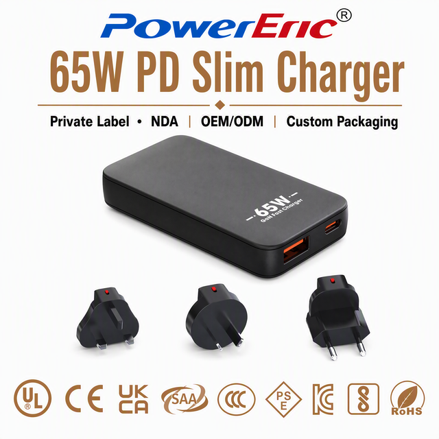 PD65W GaN Charger Ultra Thin Super Slim USB-C Wall Charger with OTP Protection 5V/3A Foldable Plug for Laptop MacBook Phone