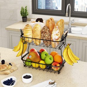2 Tier Countertop Fruit Basket Bowl with 2 Banana Hangers