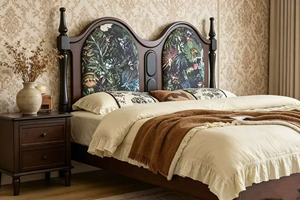 Premium Queen Size Dark Wood Spindle <b>Bed</b> With Tropical Print Double Arched Upholstered Headboard For Bedroom - Product Image 6