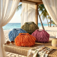 Pochette en raphia écologique avec pompon en polypropylène, grande capacité, sac à franges au crochet, sac à main bohème en raphia, sac hérisson