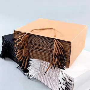 Sacos de papel Gft com alças para impressão de logotipo personalizado, saco de papel Kraft preto e branco com alça de corda, 100 unidades