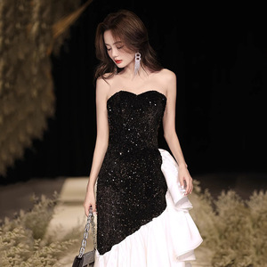 Black Asymmetrical Strapless Evening Gown With Sequins And Ruffle Skirt For Banquet Hostess Dress - Product Image 1