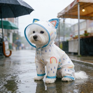 Imperméable pour animaux de compagnie, pour chiens et chats de petite et moyenne taille, imperméable avec imprimé arc-en-ciel et design à capuche avec oreilles de chat, vêtements d'extérieur - Product Image 3