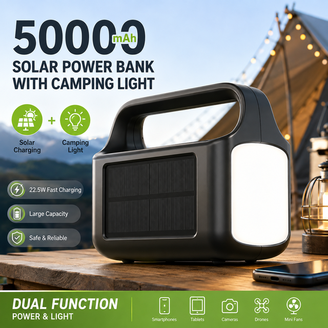 Factory Wholesale Ultra Large Capacity 100000mAh Solar Power Bank with LED Light Built-in Cable for Outdoor Emergency Charging