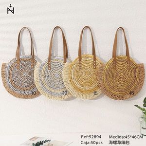 Borsa di paglia a forma di conchiglia 45x46 cm, rotonda, fatta a mano, intrecciata, borsa estiva - Product Image 3