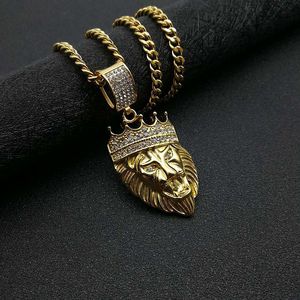 Collier pendentif tête de lion Hip Hop en acier inoxydable plaqué or avec couronne pavée de diamants, bijoux de fête pour homme - Product Image 3