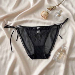 Culottes en maille noires brodées de fleurs pour femmes, avec liens latéraux, transparentes, taille mi-haute, lingerie élégante pour dames, vente en gros - Product Image 2