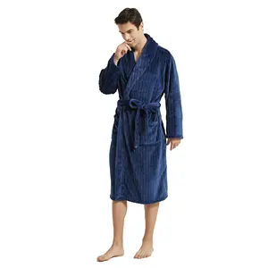 MQF Deep Blue Men's Vertical Texture Lapel Lacing Pajamas Robe