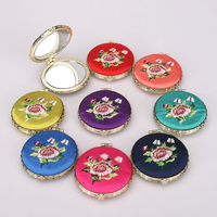 Miroir compact vintage en soie brodée de pivoines, miroir de poche double face portable, miroir cosmétique pour femmes, cadeau de maquillage