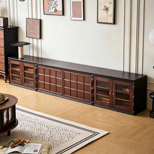 Meuble TV vintage en bois massif avec portes en verre, console multimédia rétro pour salon - Product Image 2