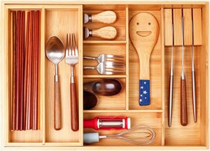 Organizador de cajones de bambú de dos niveles con bandeja extraíble para cubiertos, inserto profundo para utensilios. - Product Image 5