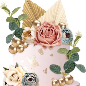 Éventail en feuille de palmier thème bohème, fleur artificielle rose, inserts pour gâteau d'<span class=keywords><strong>anniversaire</strong></span>, accessoires de décoration DIY - Product Image 3