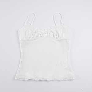 Camisola de punto acanalado transpirable con encaje y contorno de busto de color liso para mujer, estilo dulce y casual, sin mangas, ideal para capas. - Product Image 2