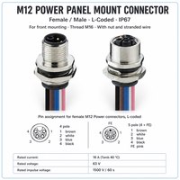 Connecteur M12 à montage sur panneau, mâle/femelle, codage A/D/L, étanche IP67, câble Ethernet industriel pré-câblé pour capteur, 3, 4, 5, 6, 8, 12, 17 broches