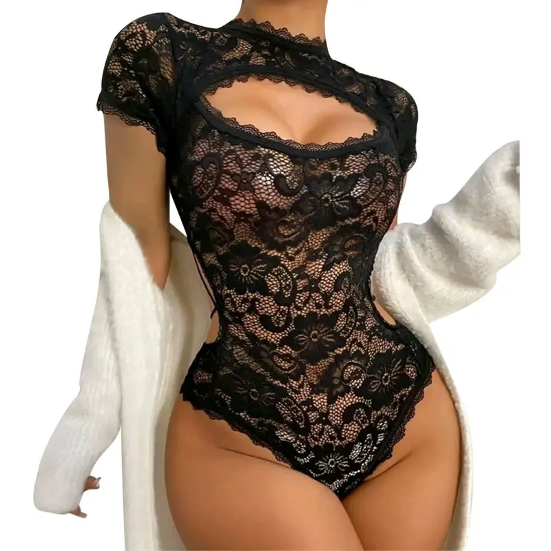 sfy2458 Valentines Day woman teddy crew neck nude bodysuit sleeveless lace Embroidery black corset bodysuit sexy lingerie