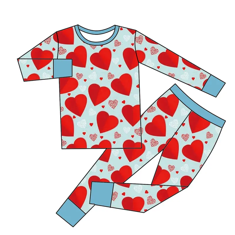 ODM New design Love heart Graphic long sleeves Pants Sleepwear Set Contrast Trim Snug Fit Set custom Kids Pajamas