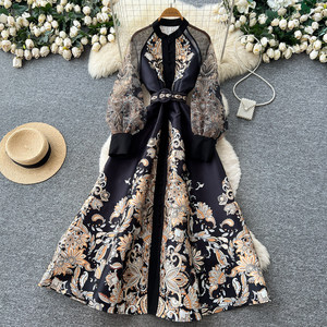 Винтажное платье с цветочным принтом, рукавами-фонариками, воротником-стойкой, летнее, с высокой талией, А-силуэта, элегантное облегающее платье для женщин - Product Image 1