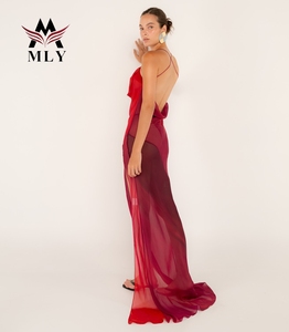 Abito da donna in raso con scollo a immersione increspato da spiaggia con taglio alto rosso Boho Slim Fit gonna lunga alla mezza - Product Image 3