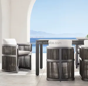Set Meja Makan dan Kursi, Furnitur Luar Ruangan Aluminium Gaya Campur Logam Rotan dan Taman