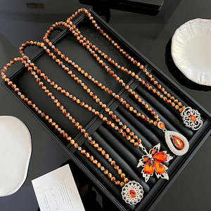 Tiger's Eye Stone Long Necklace Floral Pendant Sweater Chain Autumn Winter Elegant Jewelry Zinc Alloy Bezel Setting - Product Image 2