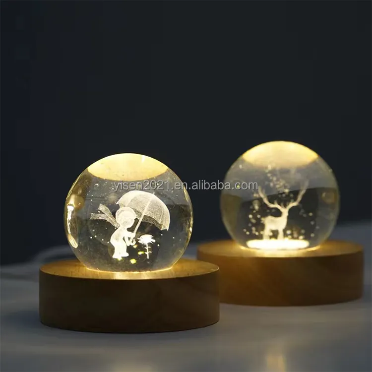 Wholesale star navigator crystal ball 3d luminous inner carving night light wooden base ornament birthday gift