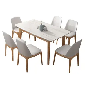 Mesa de jantar moderna com pernas de madeira, estilo nórdico, moldura de madeira maciça com tampo de rocha, sala de estar, cozinha, escritório, rústico, simples