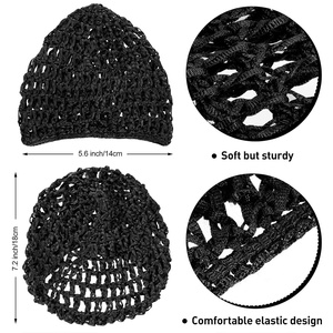 Bonnet en <span class=keywords><strong>crochet</strong></span> noir classique fait main pour <span class=keywords><strong>femme</strong></span>, style filet à cheveux, couleur unie, protection pour le sommeil, Kufi <span class=keywords><strong>Snood</strong></span> - Product Image 3
