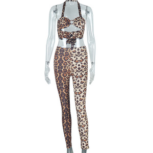 Sexy Damenbekleidung Zweiteiliges Set mit Leopardenmuster, bestehend aus ausgeschnittenem Neckholder-Top und Röhrenhose, zweiteiliges Outfit - Product Image 2