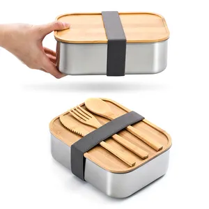 Rechteckige 304-Edelstahl-Lunchbox mit Holzbezug und schwarzer Krawatte Verpackung Lunch-Container Lebensmittelisolierung Bento-Box